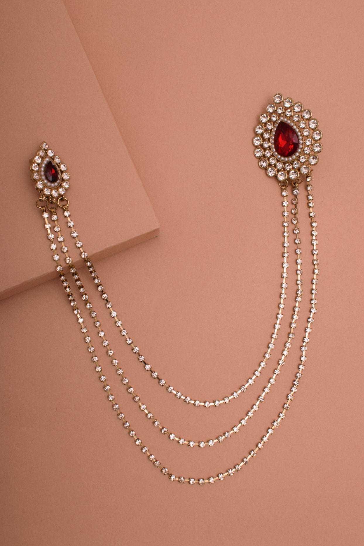 alt message - Manyavar Men Ruby Red Stone and Diamante Studded Chain Brooch image number 2