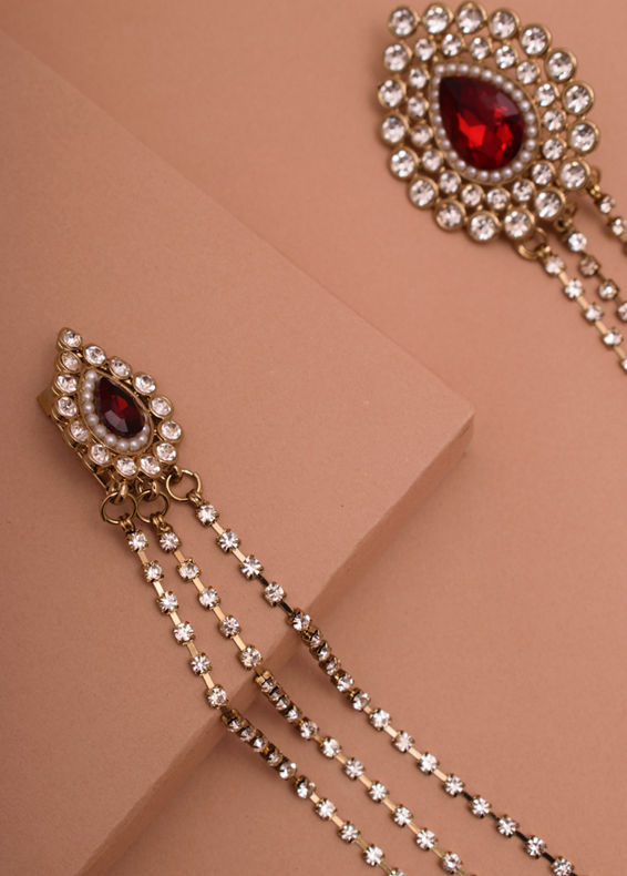 Manyavar Men Ruby Red Stone and Diamante Studded Chain Brooch