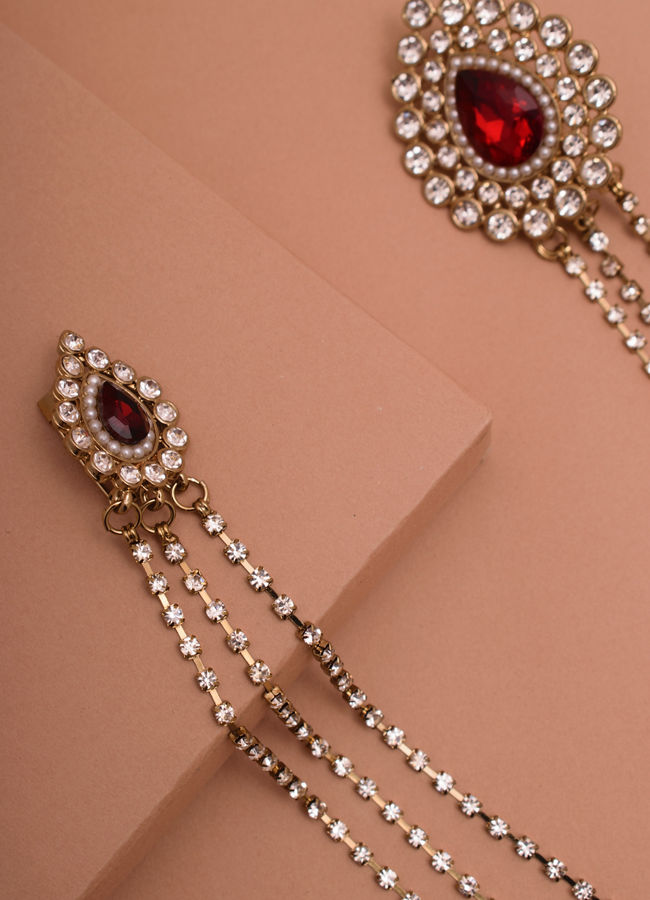 Ruby Red Stone and Diamante Studded Chain Brooch image number 1