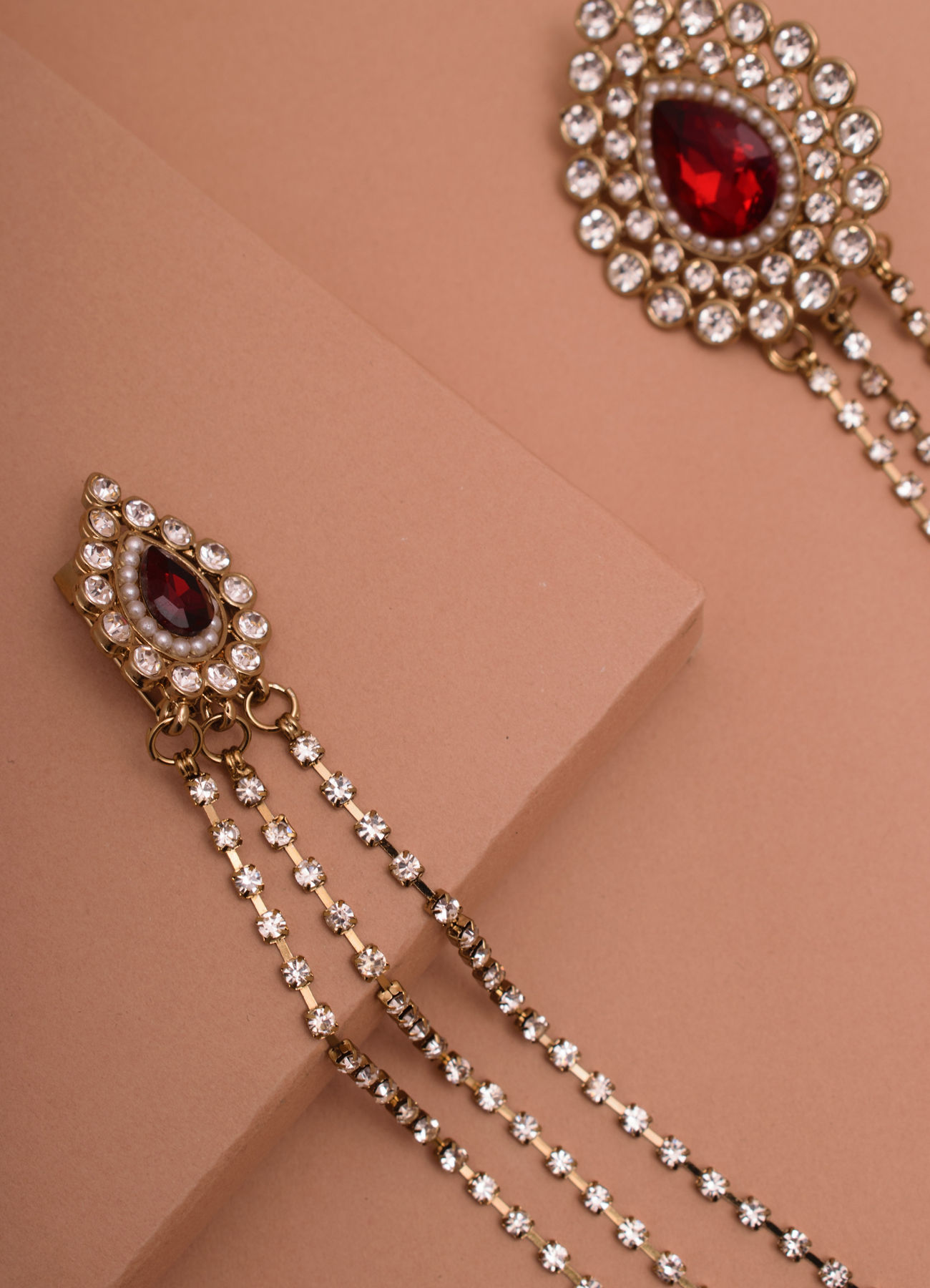 Manyavar Men Ruby Red Stone and Diamante Studded Chain Brooch