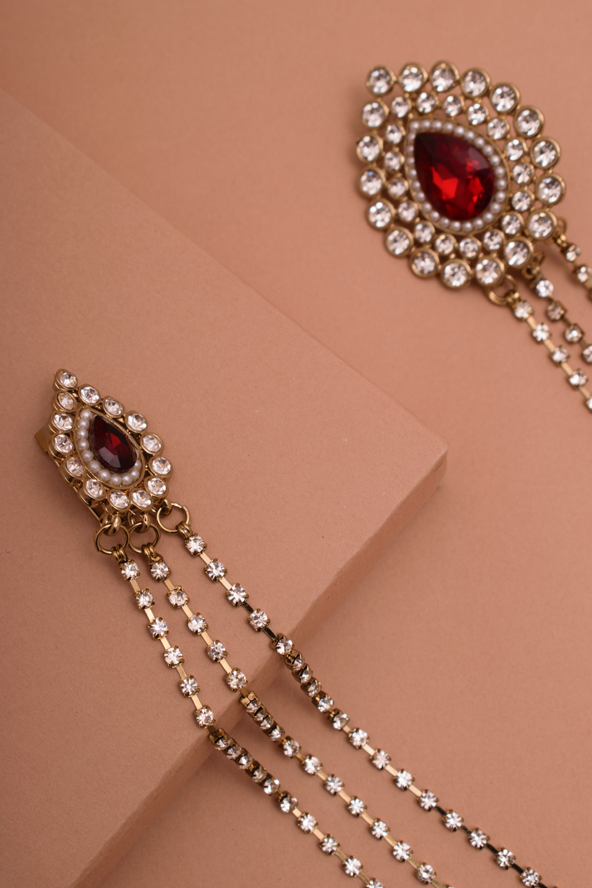 Manyavar Men Ruby Red Stone and Diamante Studded Chain Brooch