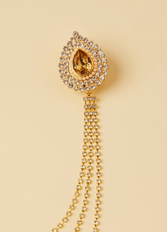 Amber Yellow Gemstone And Diamante Studded Chain Brooch image number 1