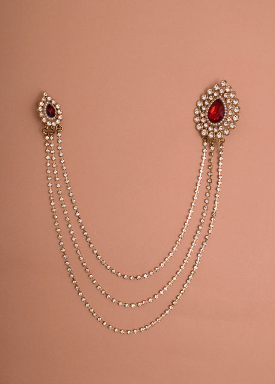 Manyavar Men Ruby Red Stone and Diamante Studded Chain Brooch