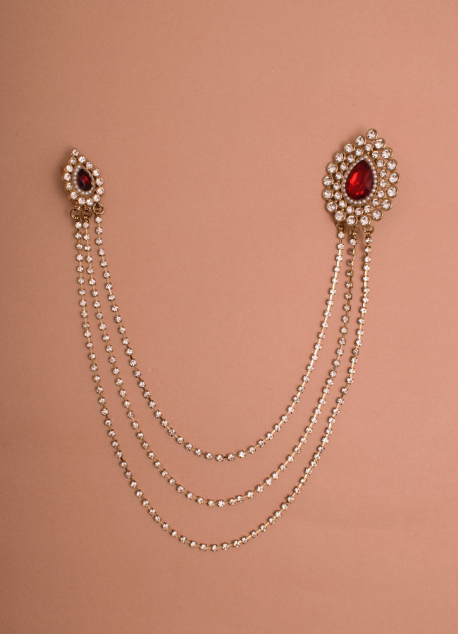 alt message - Manyavar Men Ruby Red Stone and Diamante Studded Chain Brooch image number 0