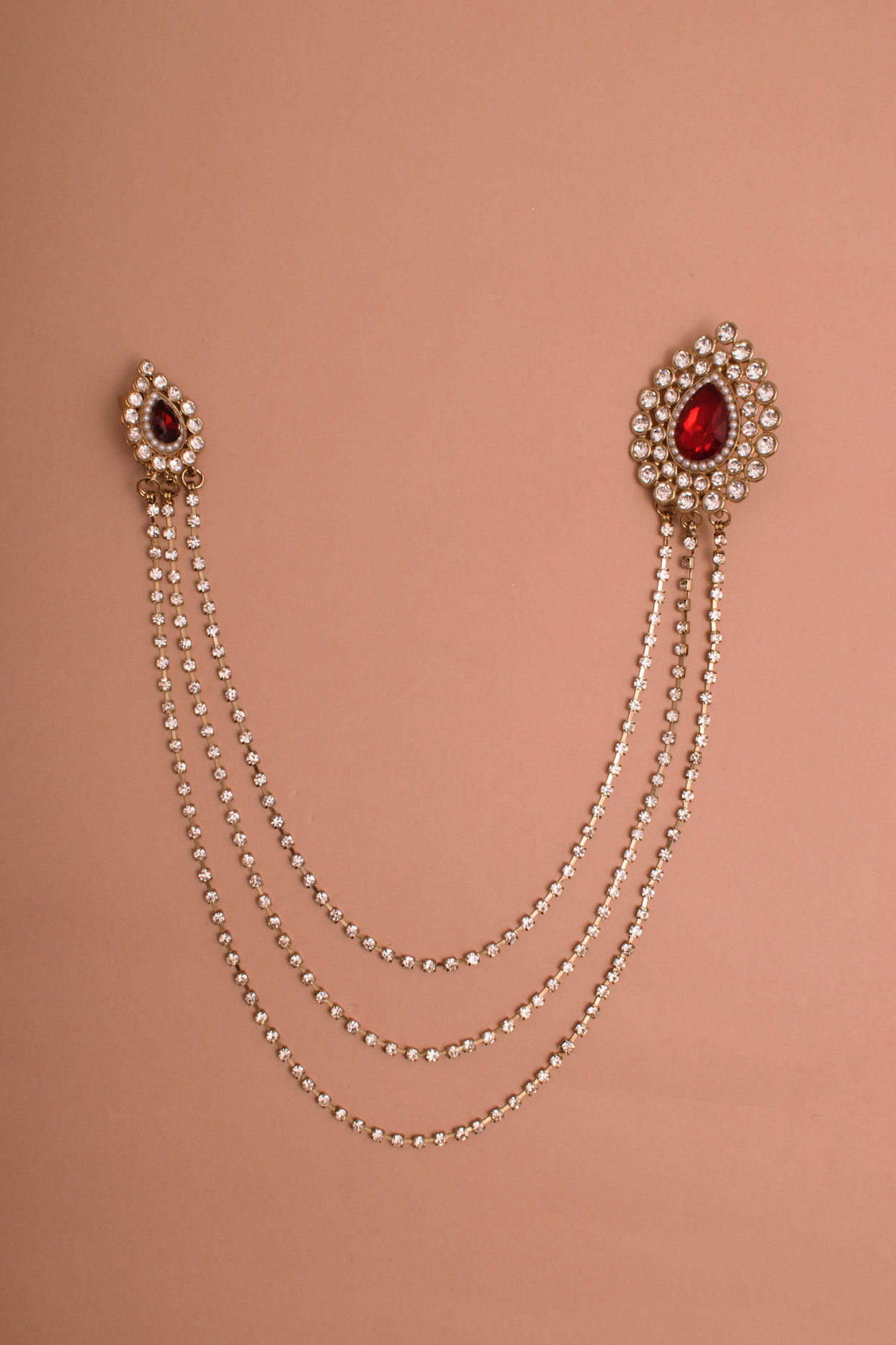 alt message - Manyavar Men Ruby Red Stone and Diamante Studded Chain Brooch image number 0