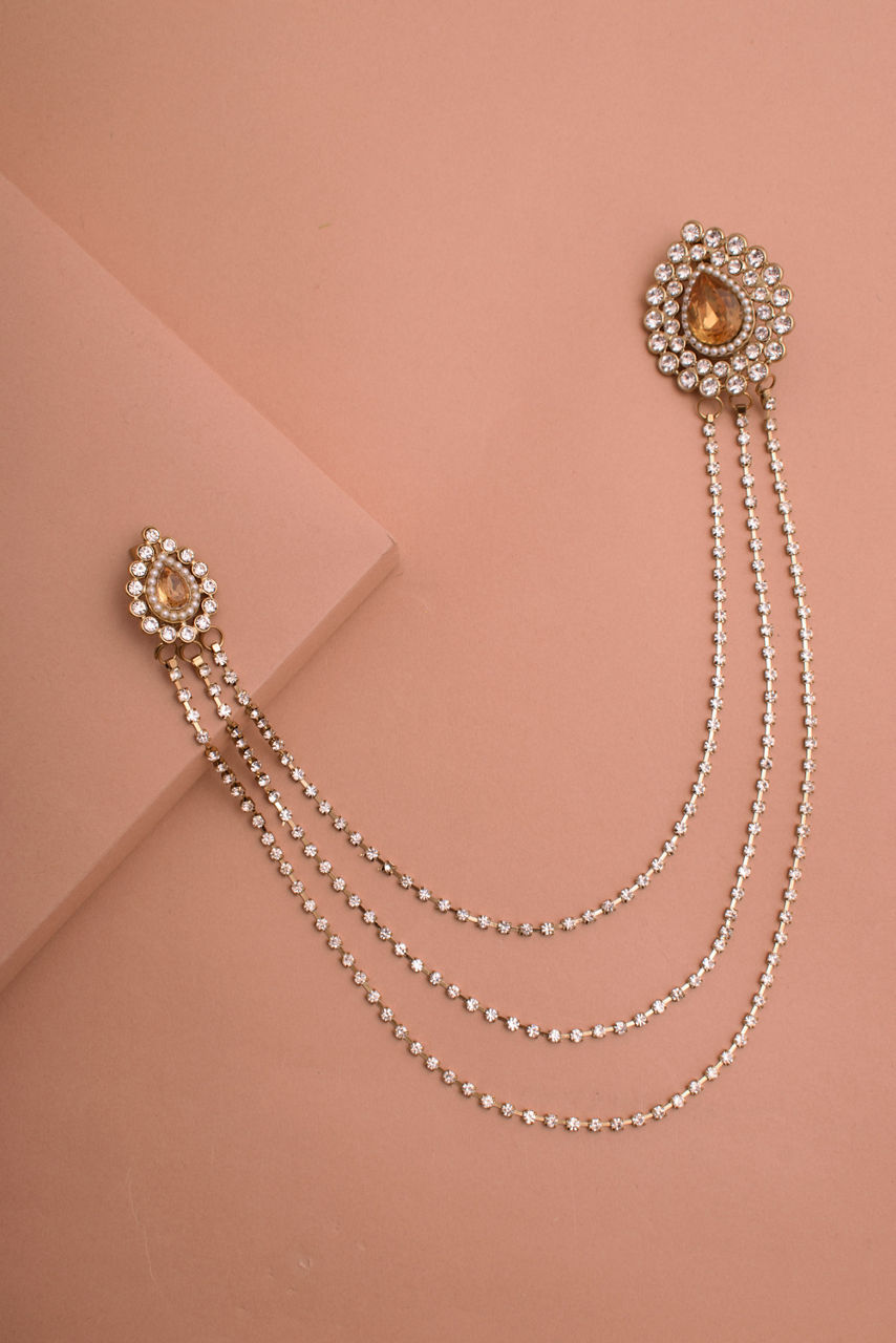 Manyavar Men Topaz Yellow Stone and Diamante Studded Chain Brooch