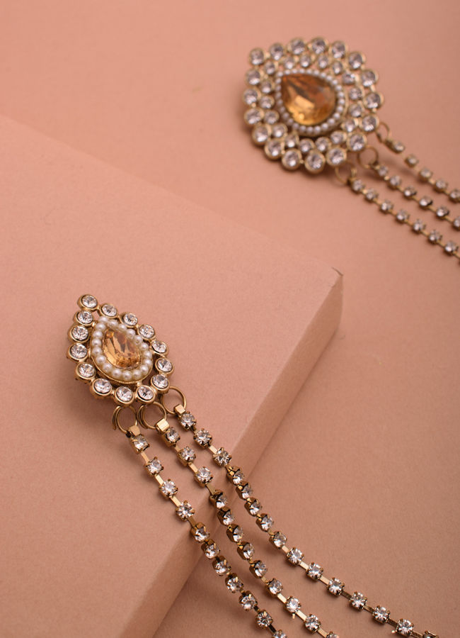 Topaz Yellow Stone and Diamante Studded Chain Brooch image number 1