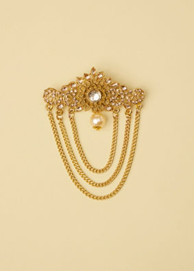 Manyavar Men Golden Floral Motif Stone Embellished Chain Brooch