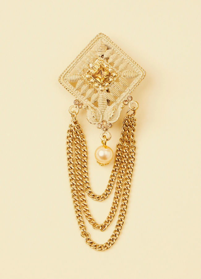 alt message - Manyavar Men Antique White Pearl Adorned Chain Brooch image number 0
