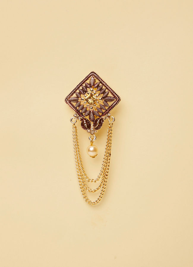 Manyavar Men Red and Gold Rhinestone Embellished Brooch with Meenakari Work