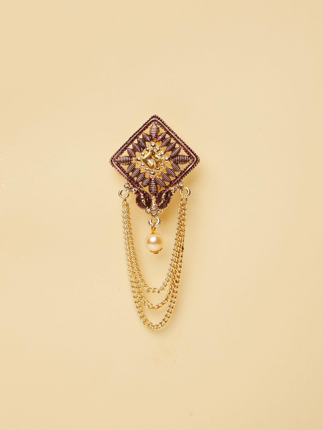 Manyavar Men Red and Gold Rhinestone Embellished Brooch with Meenakari Work