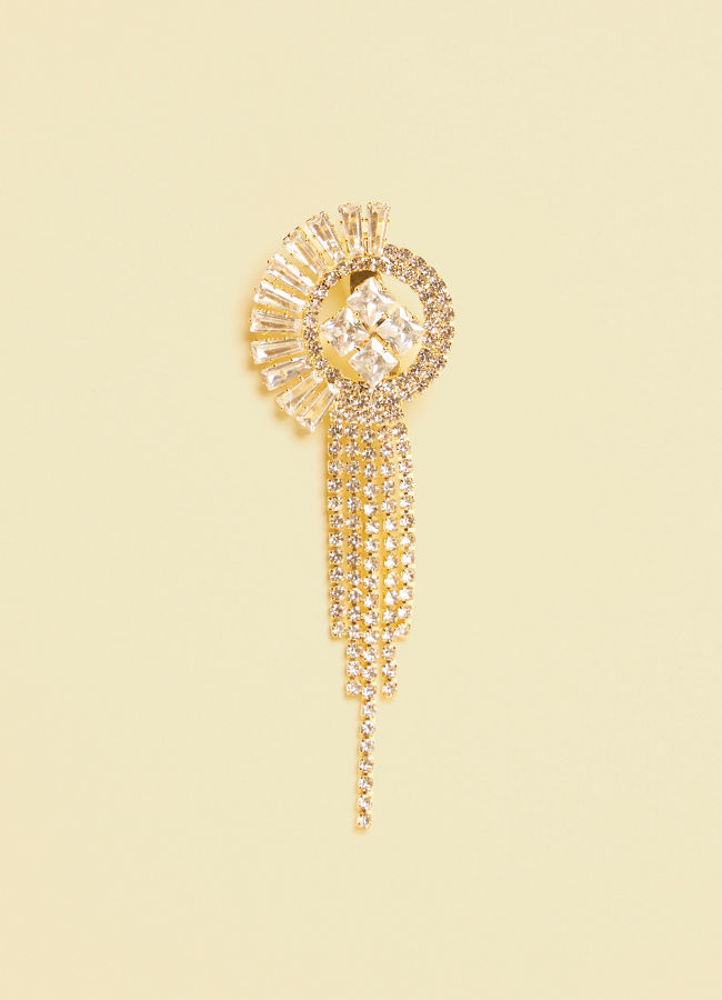 Golden Round Tassel Detailed Rhinestone Embellished Brooch image number 0