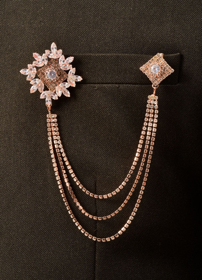 Manyavar Men Gold Brooch with Chain Detail