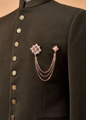 Manyavar Men Gold Brooch with Chain Detail
