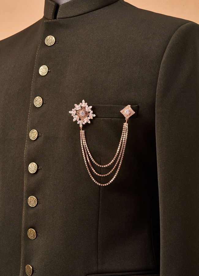 Manyavar Men Gold Brooch with Chain Detail