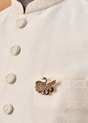 Manyavar Men Brown Brooch with Peacock Design