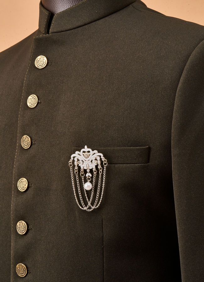 Manyavar Men Grey Brooch with Pearl Detailing