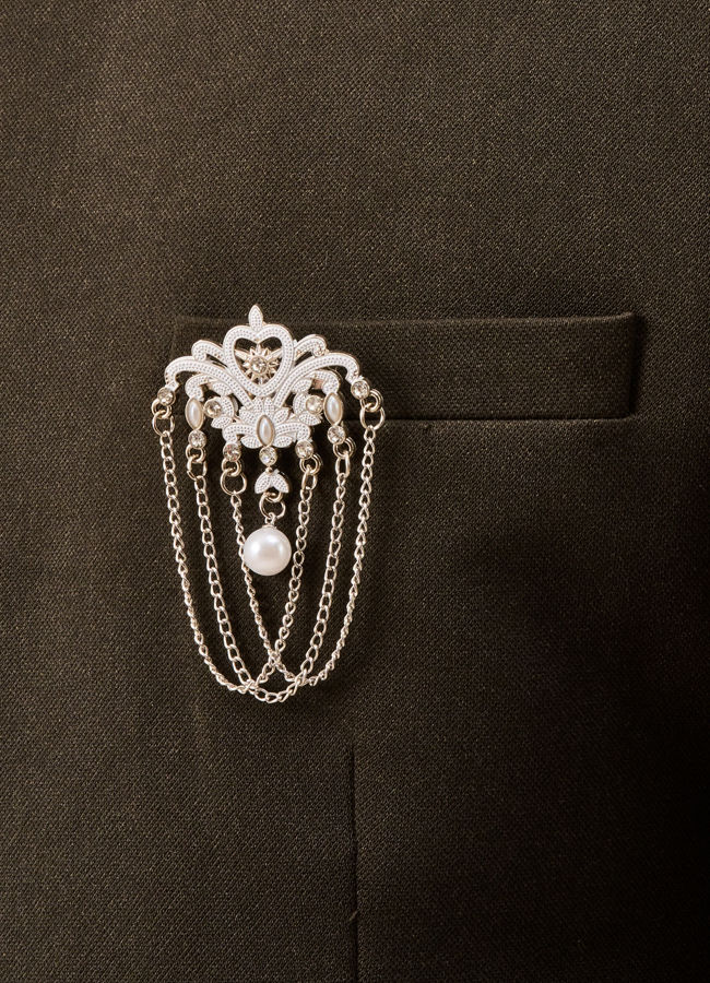 Manyavar Men Grey Brooch with Pearl Detailing