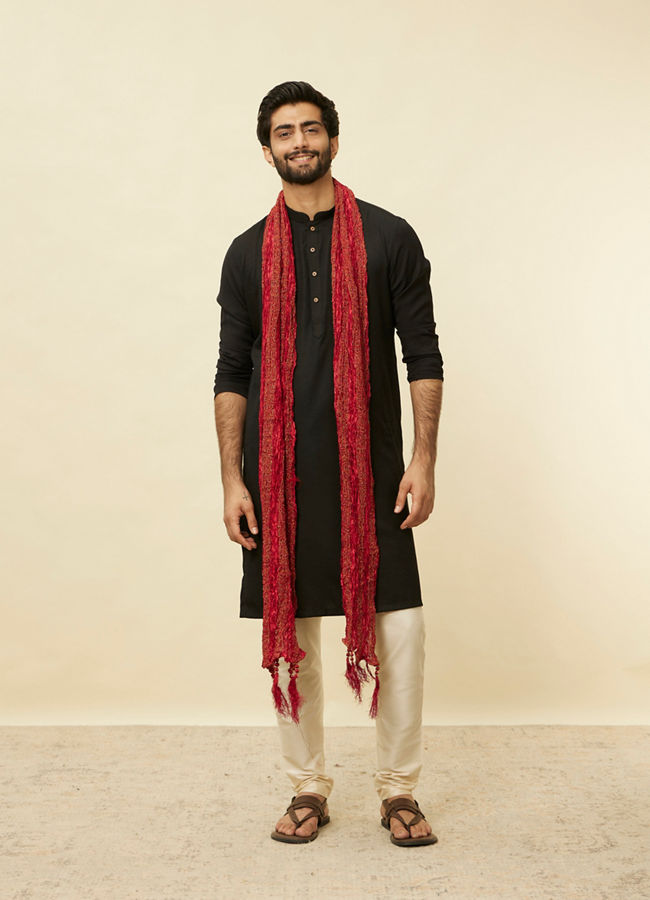 Manyavar Men Chilli Pepper Red Shimmery Thread Work Stole