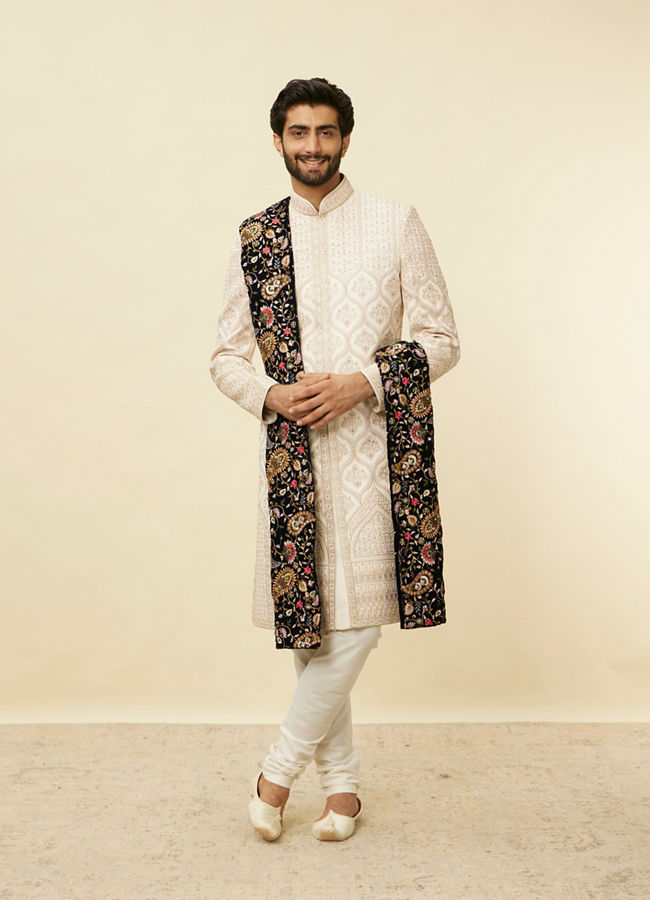Manyavar Men Dark Blue Bel Buti Patterned Stole