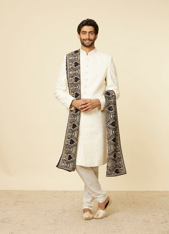 Manyavar Men Clasic Dark Blue Paisley Embroidered Dupatta