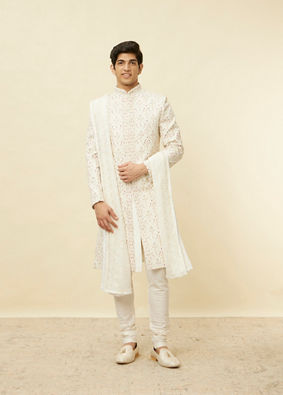 alt message - Manyavar Men Pearled Ivory White Sequined Stole image number 2