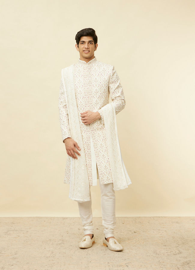 alt message - Manyavar Men Pearled Ivory White Sequined Stole image number 2