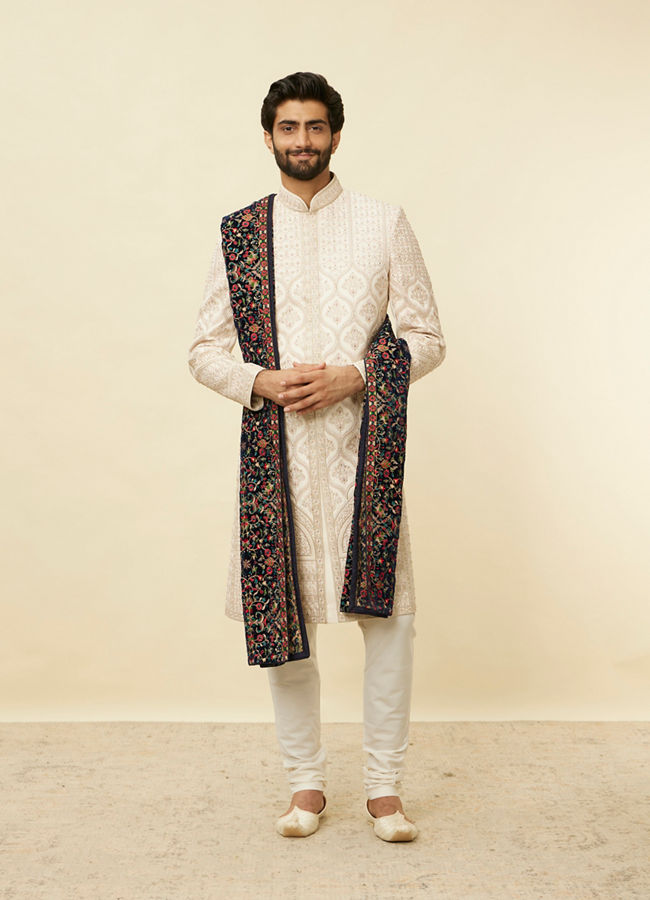 Manyavar Men Navy Blue Bel Buti Patterned Stole