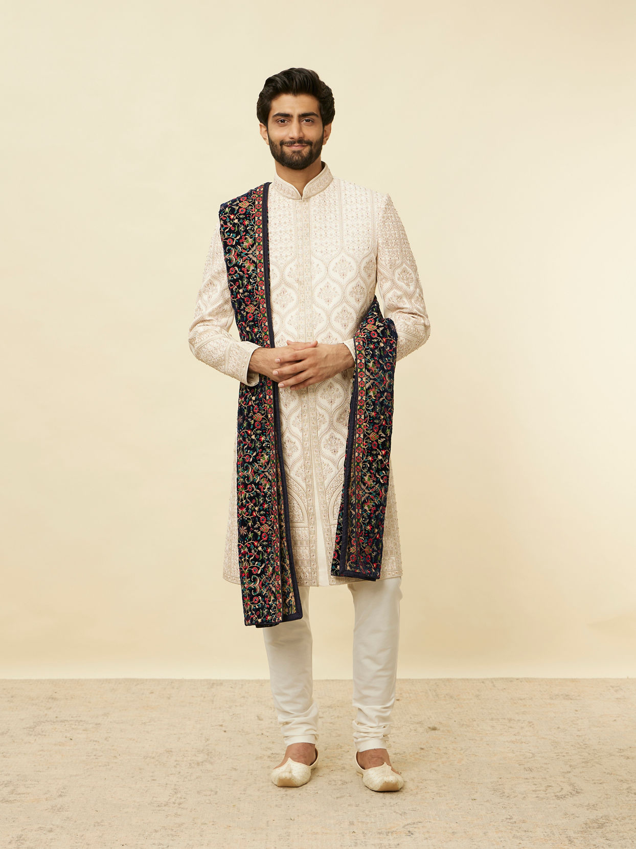 Manyavar Men Navy Blue Bel Buti Patterned Stole