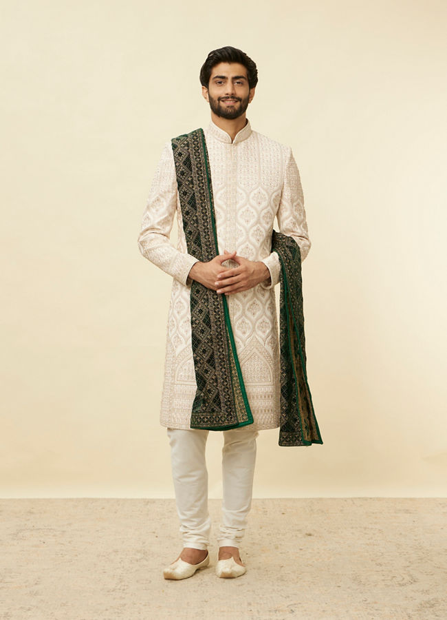 Manyavar Men Teal Green Chowkadi Motif Stole