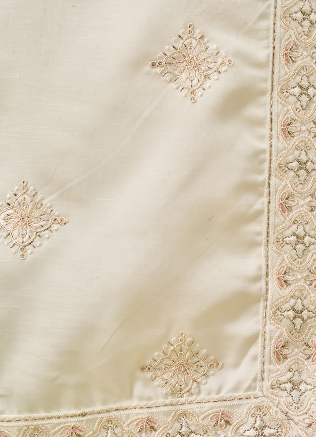 Manyavar Men Warm White Satin Dupatta with Embroidery