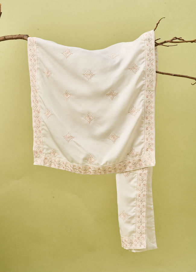 Manyavar Men Warm White Satin Dupatta with Embroidery