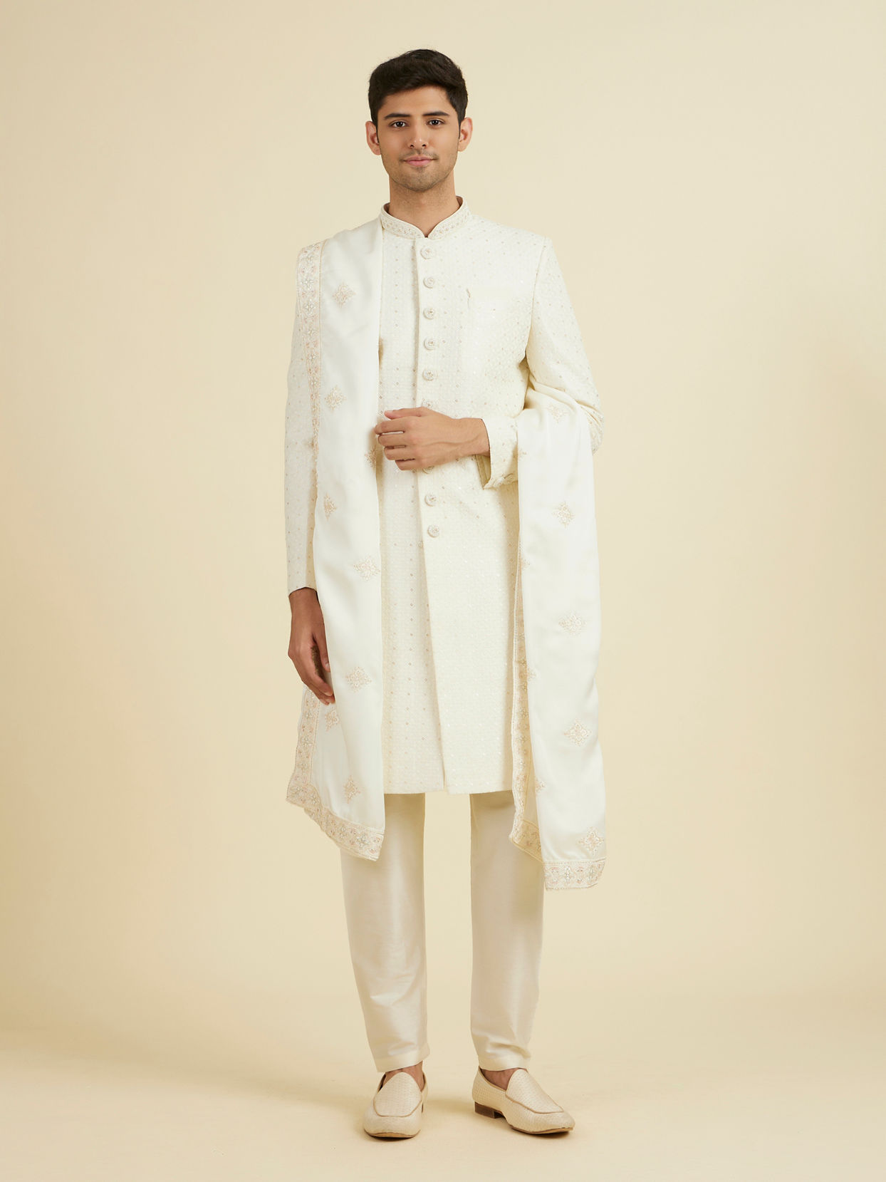 Manyavar Men Cream Satin Elegance Dupatta