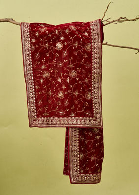 Manyavar Men Red Velvet Dupatta with Embroidery