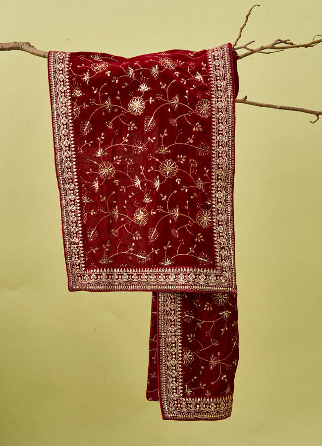 Manyavar Men Red Velvet Dupatta with Embroidery