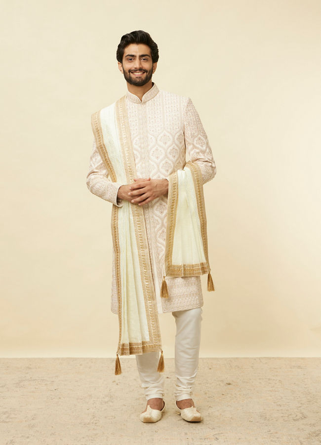 Manyavar Men Cream Diamond Patterned Stole