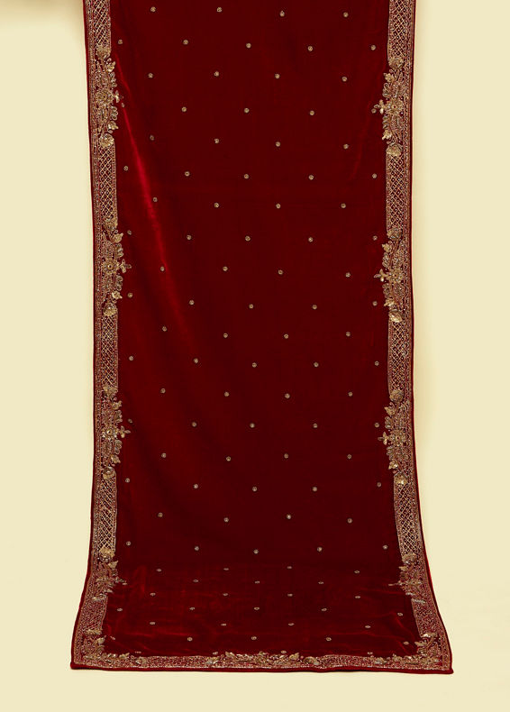 alt message - Manyavar Men Classic Red Bel Buti Patterned Dupatta