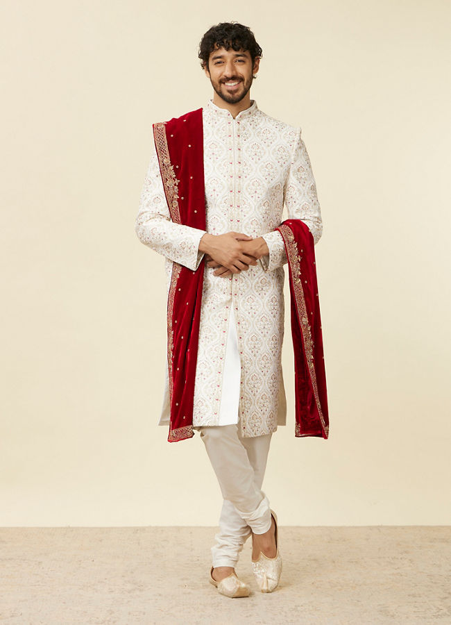 Manyavar Men Classic Red Bel Buti Patterned Dupatta