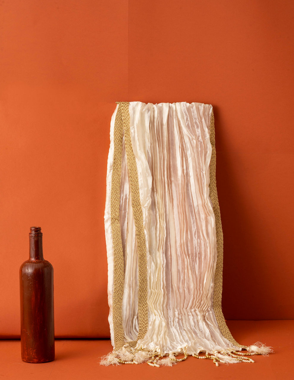 Manyavar Men Cream Pleated Dupatta with Golden Borders