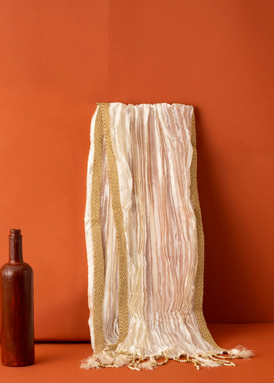 Manyavar Men Cream Pleated Dupatta with Golden Borders