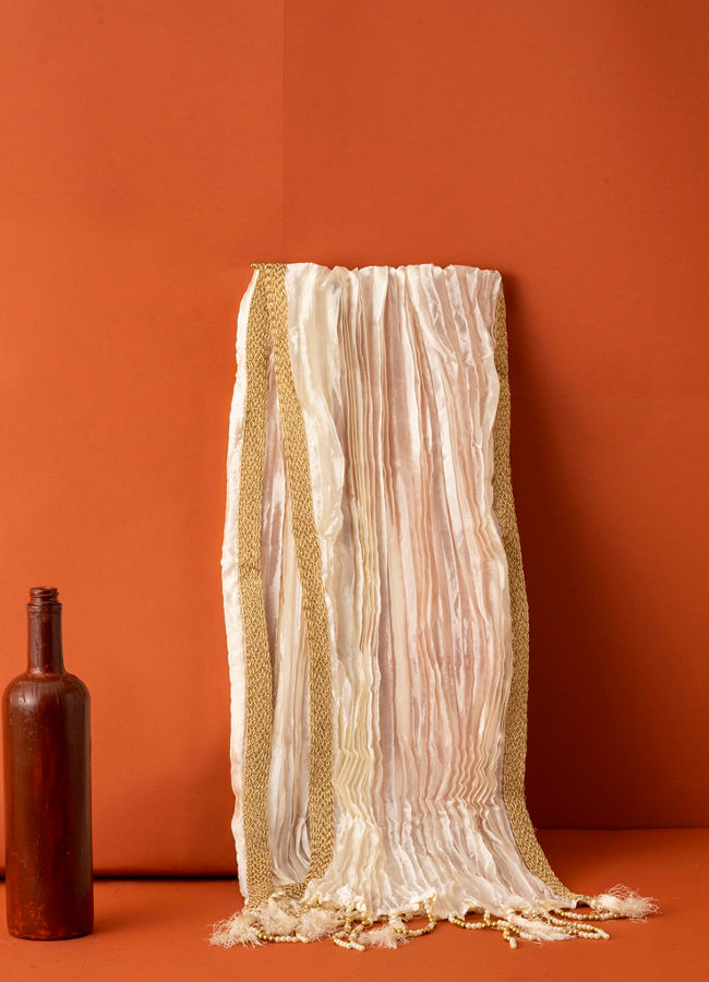 Manyavar Men Cream Pleated Dupatta with Golden Borders