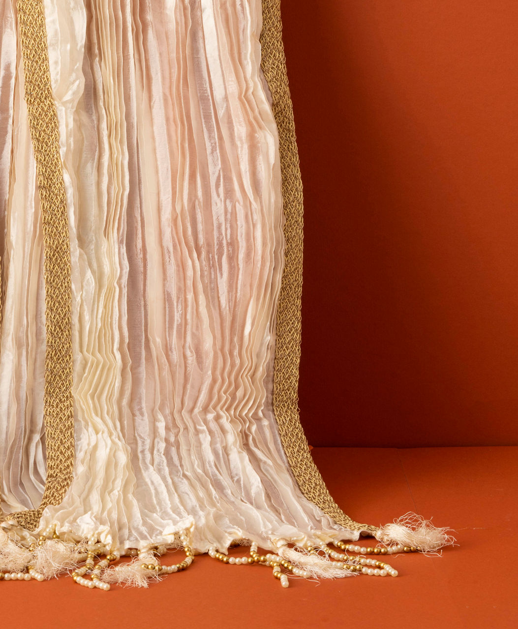 Manyavar Men Cream Pleated Dupatta with Golden Borders