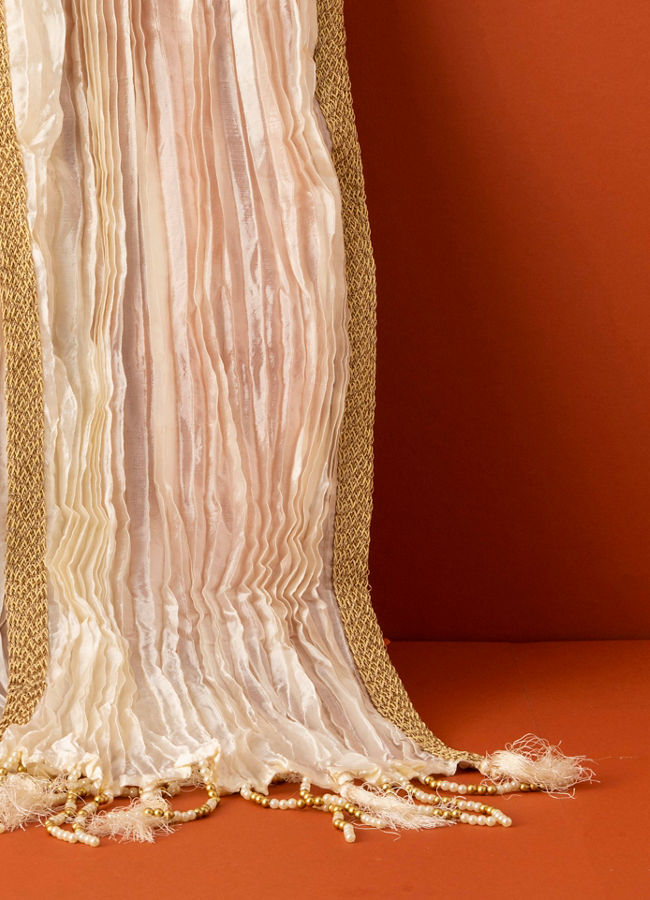 Manyavar Men Cream Pleated Dupatta with Golden Borders