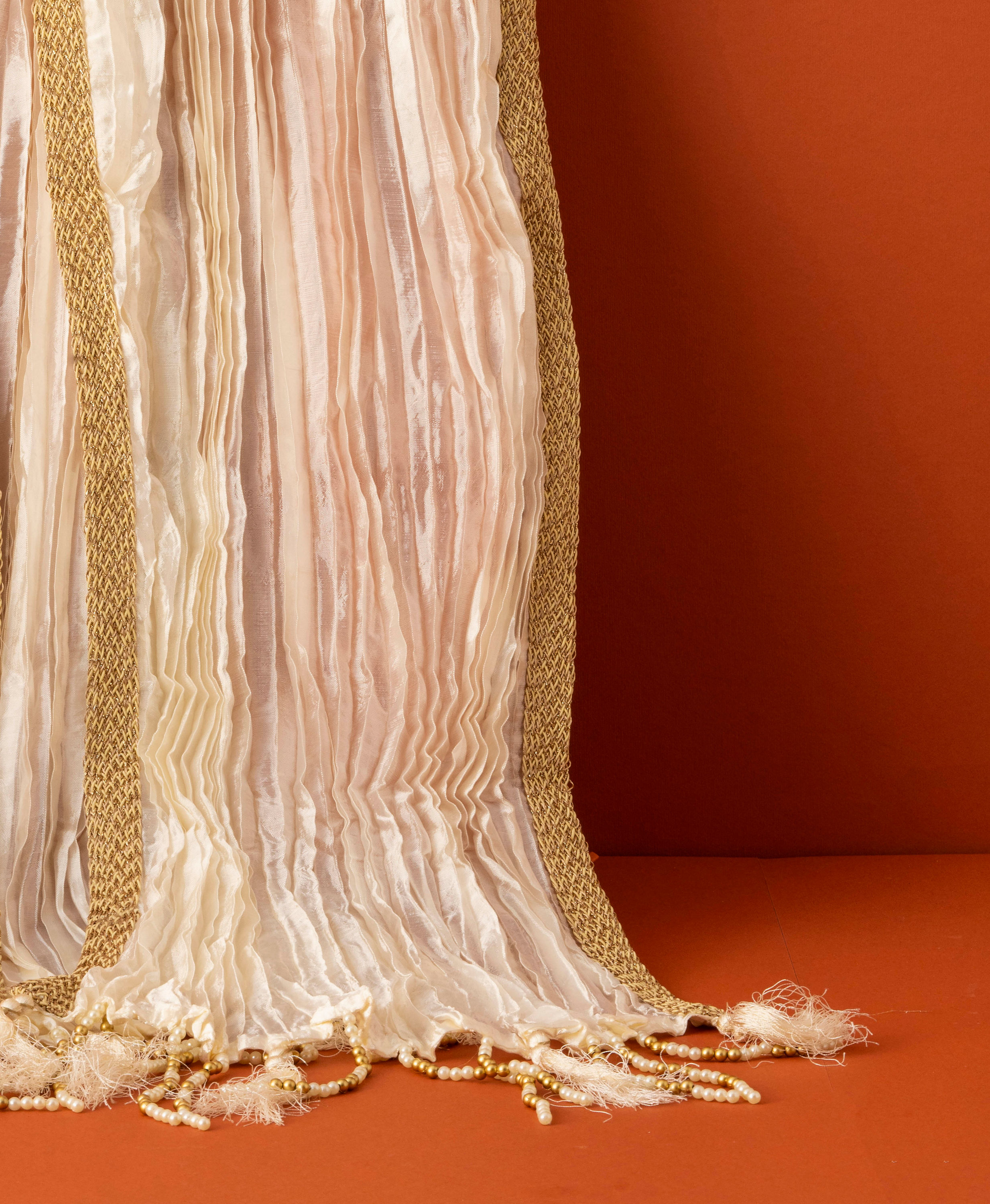 Manyavar Men Cream Pleated Dupatta with Golden Borders