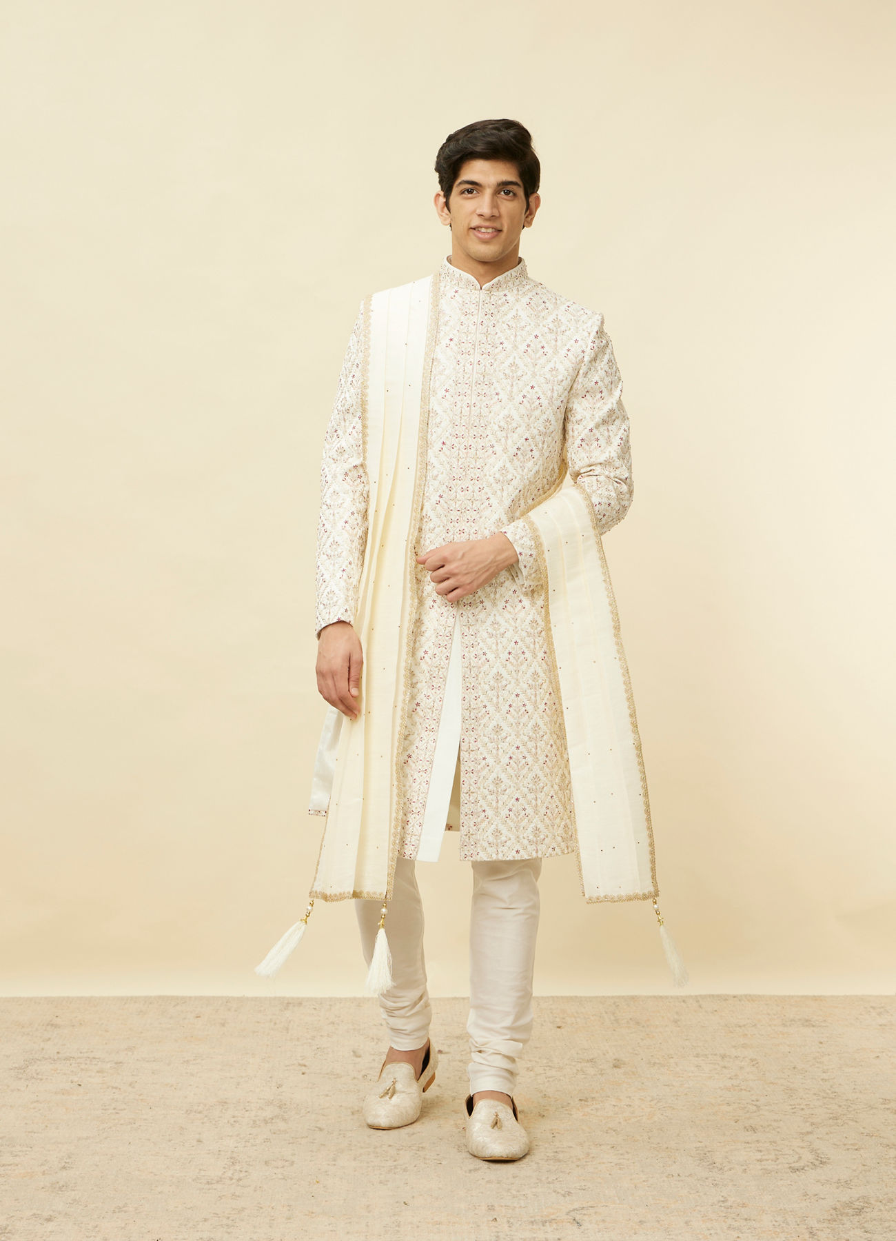 Manyavar Men Cream Gota Patti Bordered Stole