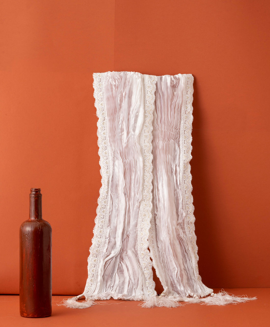 Manyavar Men Warm White Pleated Dupatta with Sequinned Borders