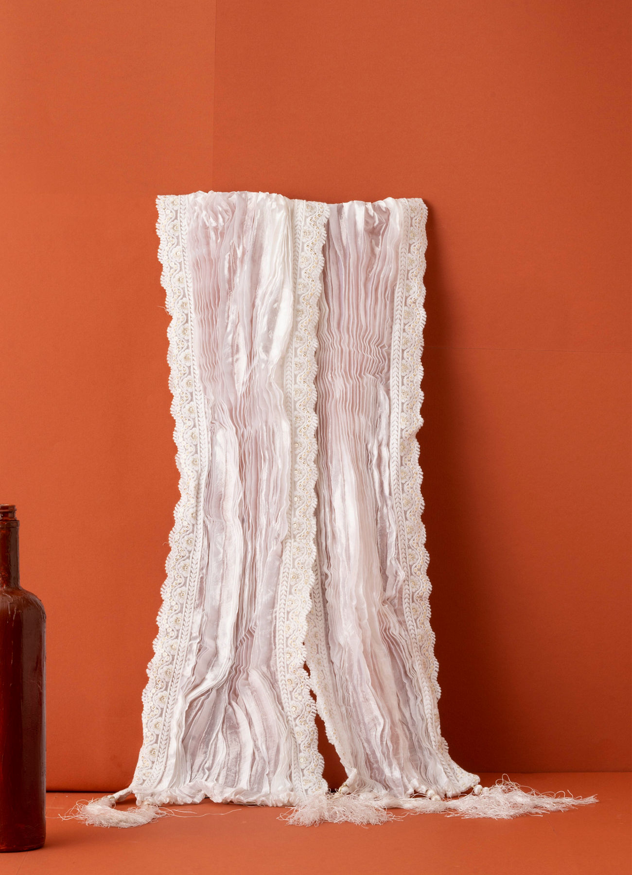 Manyavar Men Warm White Pleated Dupatta with Sequinned Borders