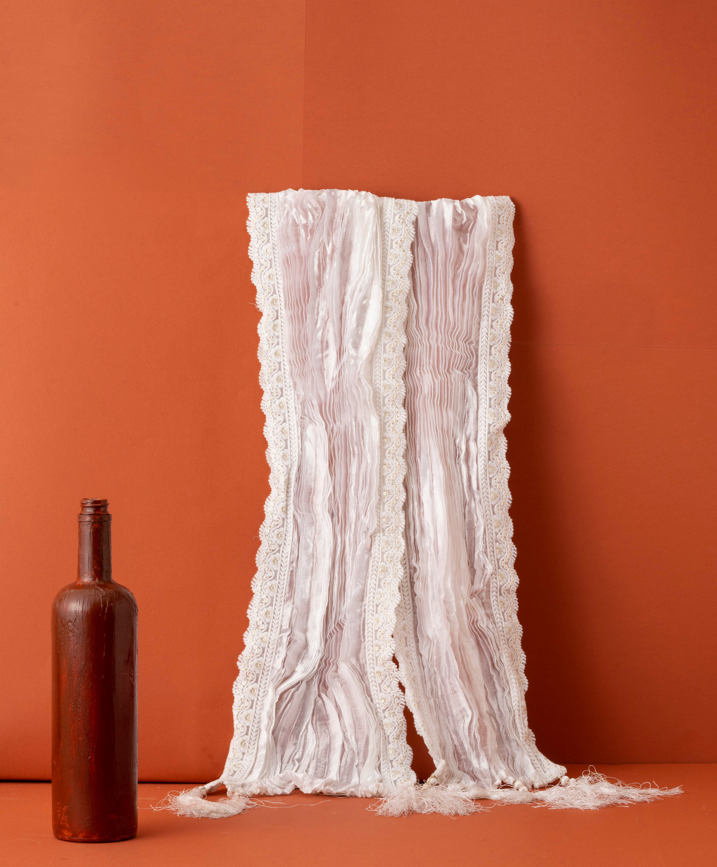 Manyavar Men Warm White Pleated Dupatta with Sequinned Borders