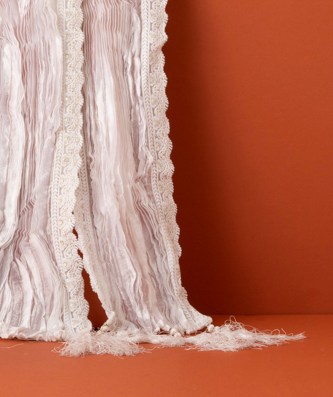 Manyavar Men Warm White Pleated Dupatta with Sequinned Borders