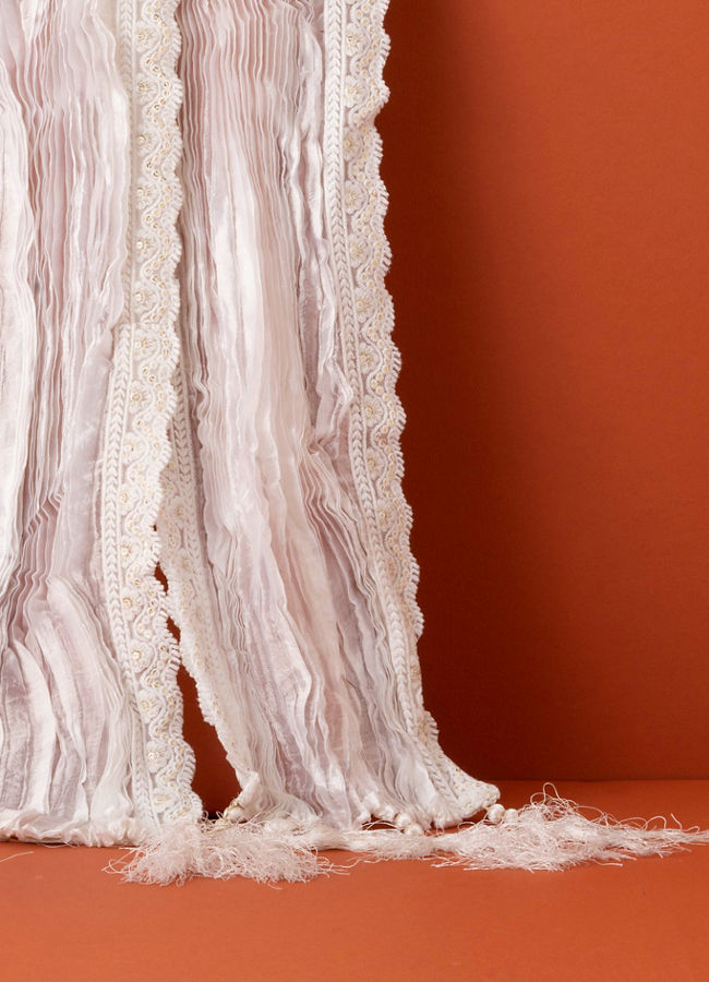 Manyavar Men Warm White Pleated Dupatta with Sequinned Borders